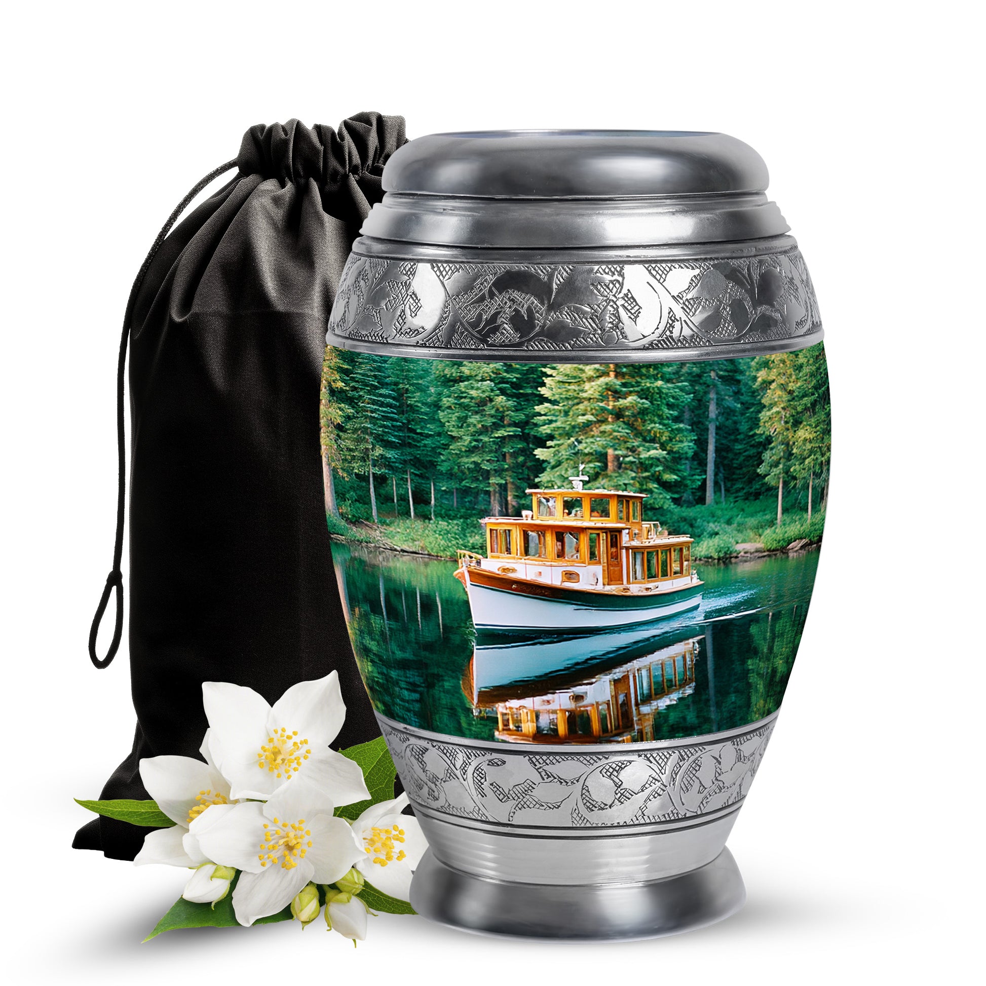 Tropical Teal Boat Cremation Urn back view with polished surface - royal boat engraving with decorative scrollwork - full-size 10 inch 200 cubic inch adult cremation urn