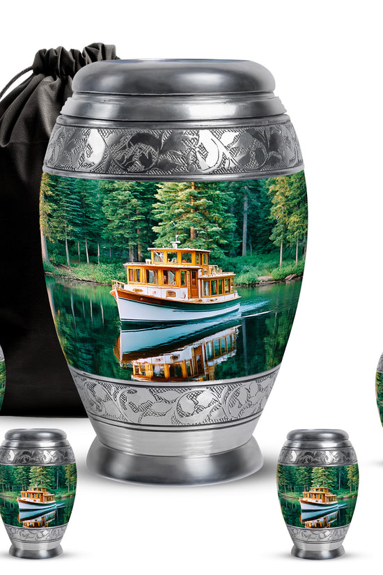Soft Teal Boat Cremation Urn detail view - regal boat design with crown-inspired accents - memorial set with one large and four small urns