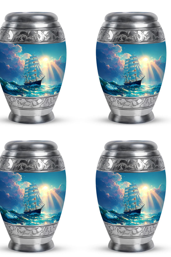 Aqua Teal Boat Cremation Urn urn with complimentary velvet bag - majestic boat pattern with filigree border - 10 inch aluminum urn for cremated remains