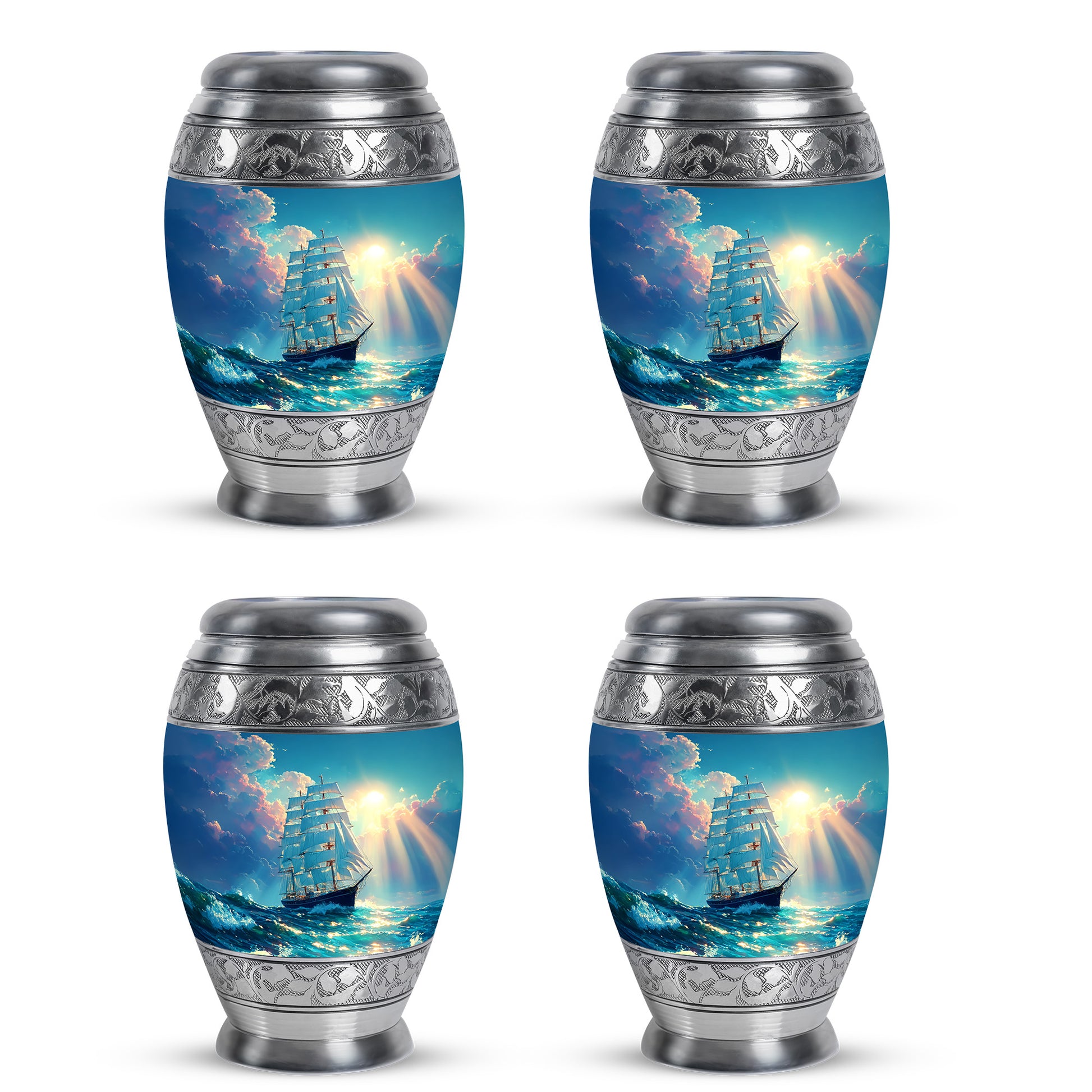 Aqua Teal Boat Cremation Urn urn with complimentary velvet bag - majestic boat pattern with filigree border - 10 inch aluminum urn for cremated remains