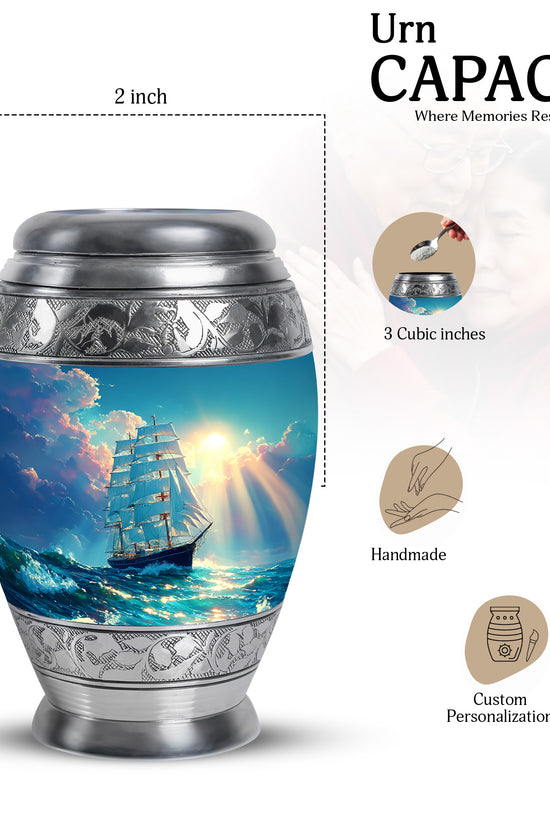 Sea Green Teal Boat Cremation Urn lifestyle display on memorial shelf - ornate monarch-style boat relief on brushed aluminum - mini keepsake memorial for portion of cremation ashes
