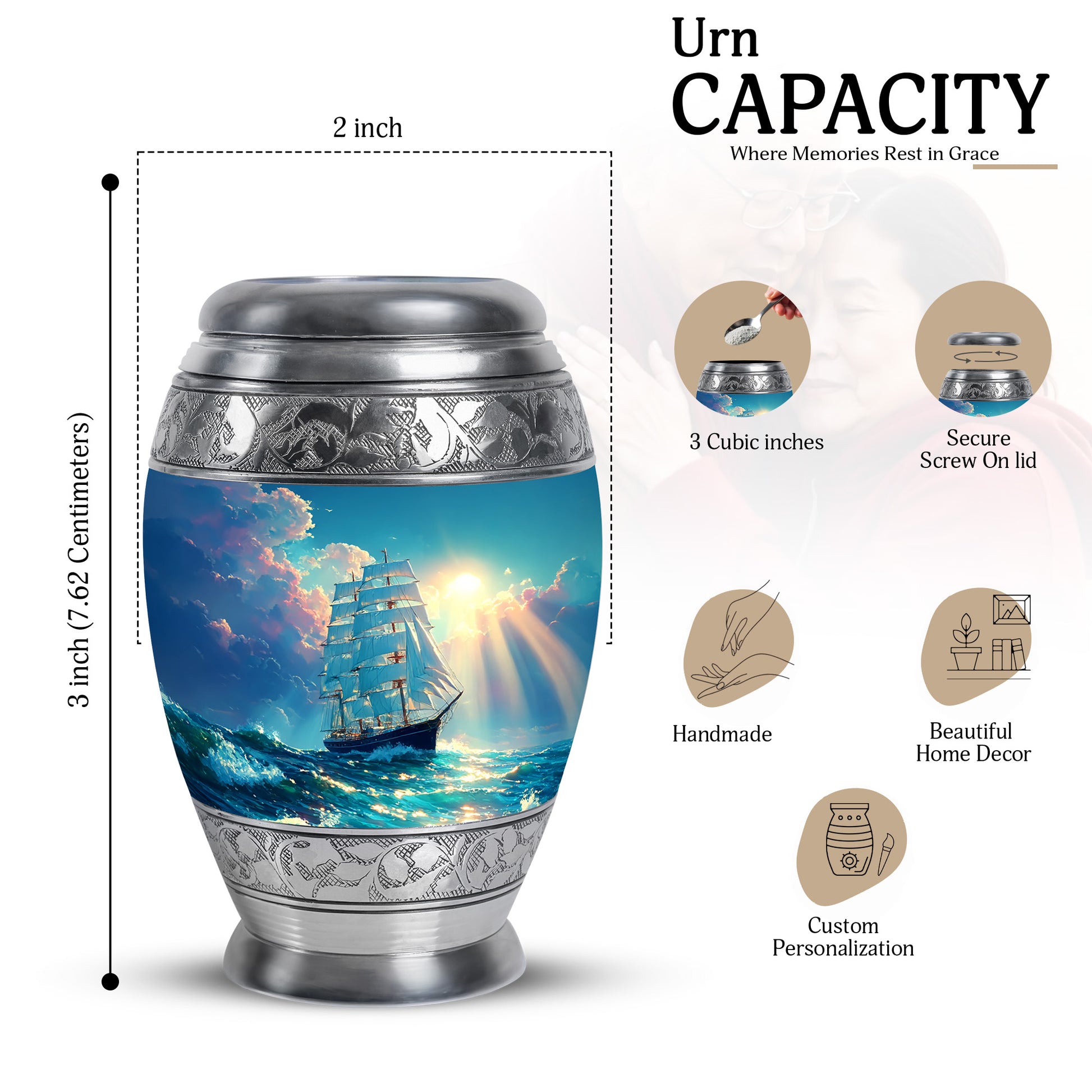 Sea Green Teal Boat Cremation Urn lifestyle display on memorial shelf - ornate monarch-style boat relief on brushed aluminum - mini keepsake memorial for portion of cremation ashes