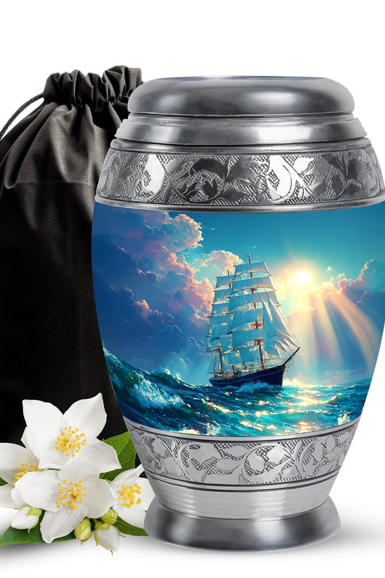 Tropical Teal Boat Cremation Urn back view with polished surface - majestic boat pattern with filigree border - full-size 10 inch 200 cubic inch adult cremation urn