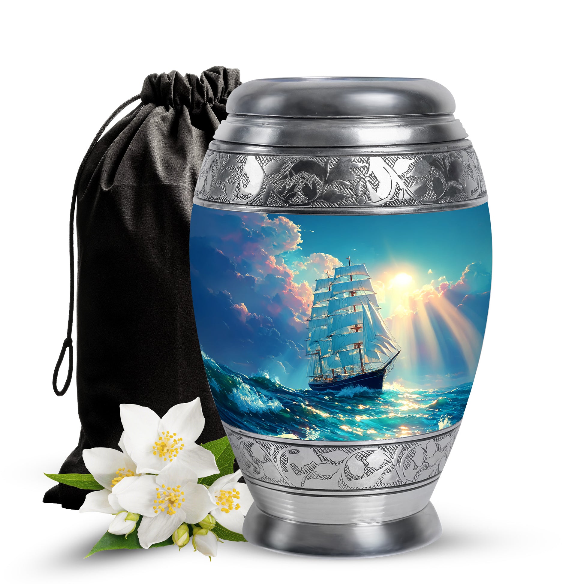 Tropical Teal Boat Cremation Urn back view with polished surface - majestic boat pattern with filigree border - full-size 10 inch 200 cubic inch adult cremation urn