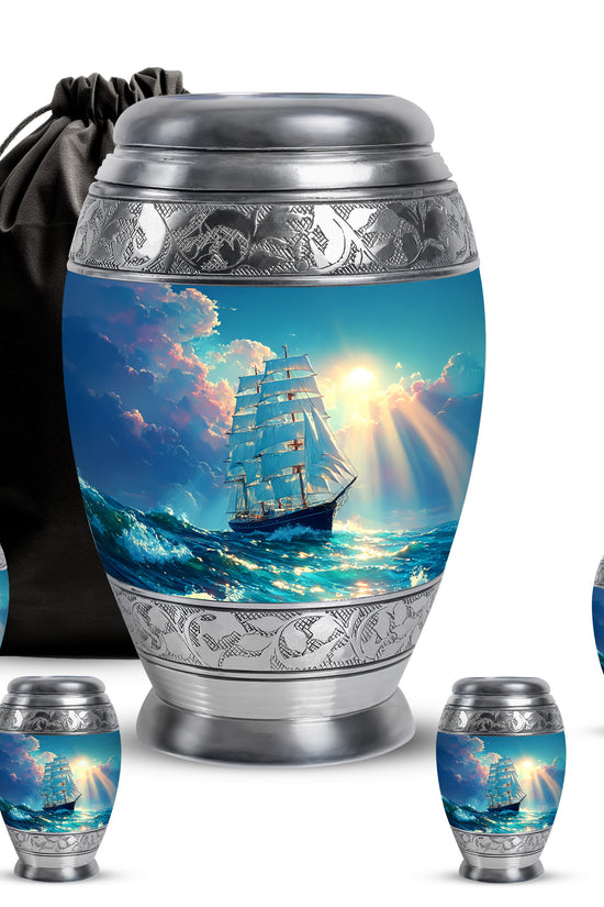 Vivid Teal Boat Cremation Urn detail view - royal boat engraving with decorative scrollwork - memorial set with one large and four small urns