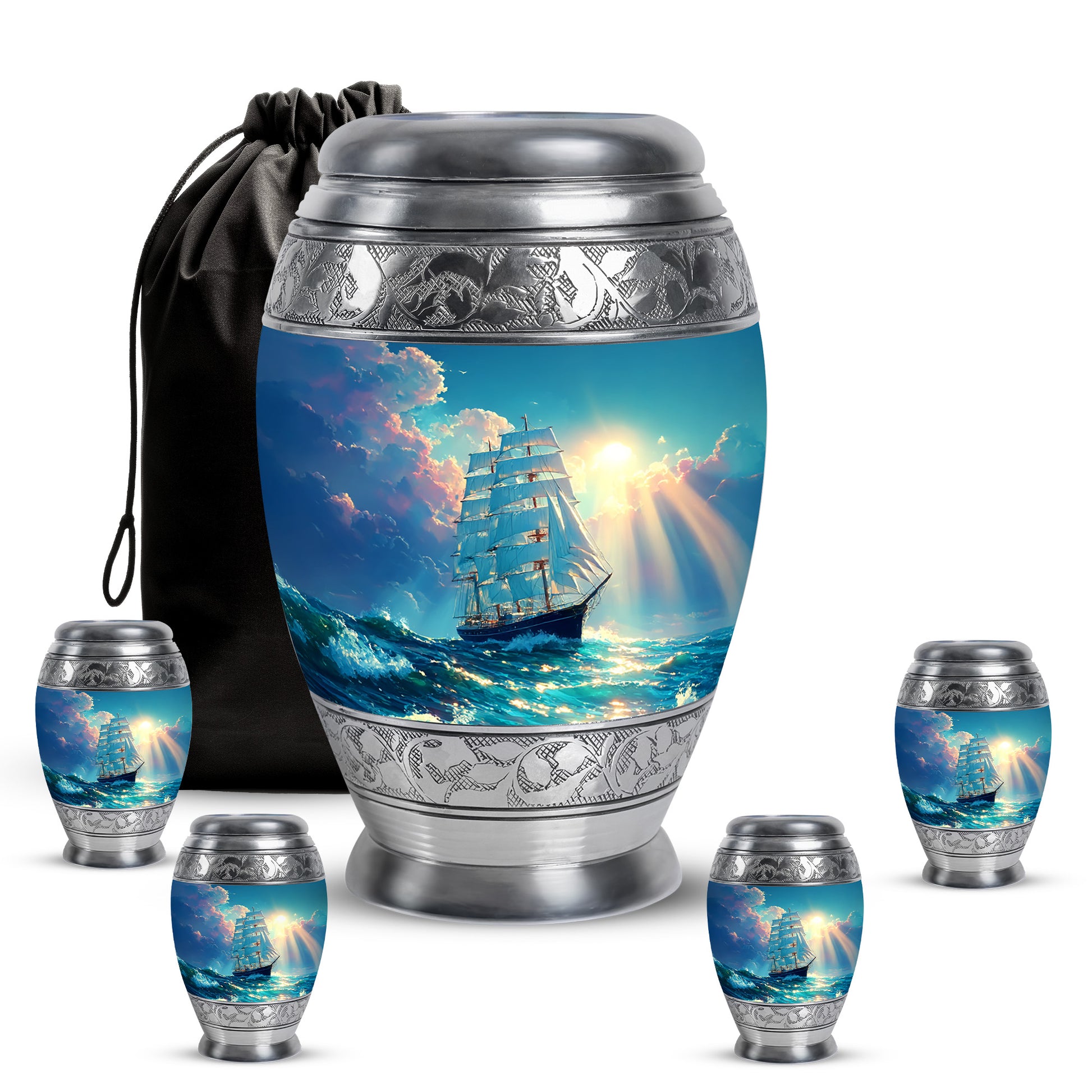 Vivid Teal Boat Cremation Urn detail view - royal boat engraving with decorative scrollwork - memorial set with one large and four small urns