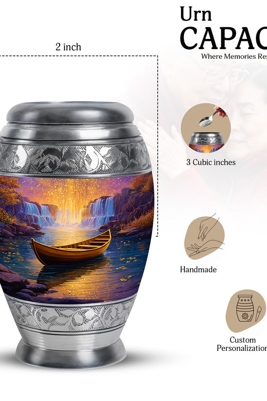 Pastel Pink Boat Cremation Urn lifestyle display on memorial shelf - ornate monarch-style boat relief on brushed aluminum - mini keepsake memorial for portion of cremation ashes