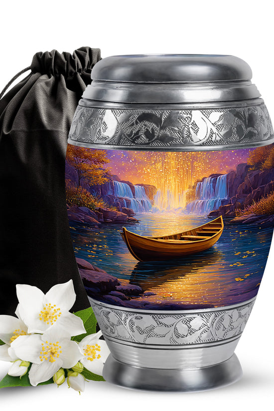 Salmon Pink Boat Cremation Urn back view with polished surface - royal boat engraving with decorative scrollwork - full-size 10 inch 200 cubic inch adult cremation urn