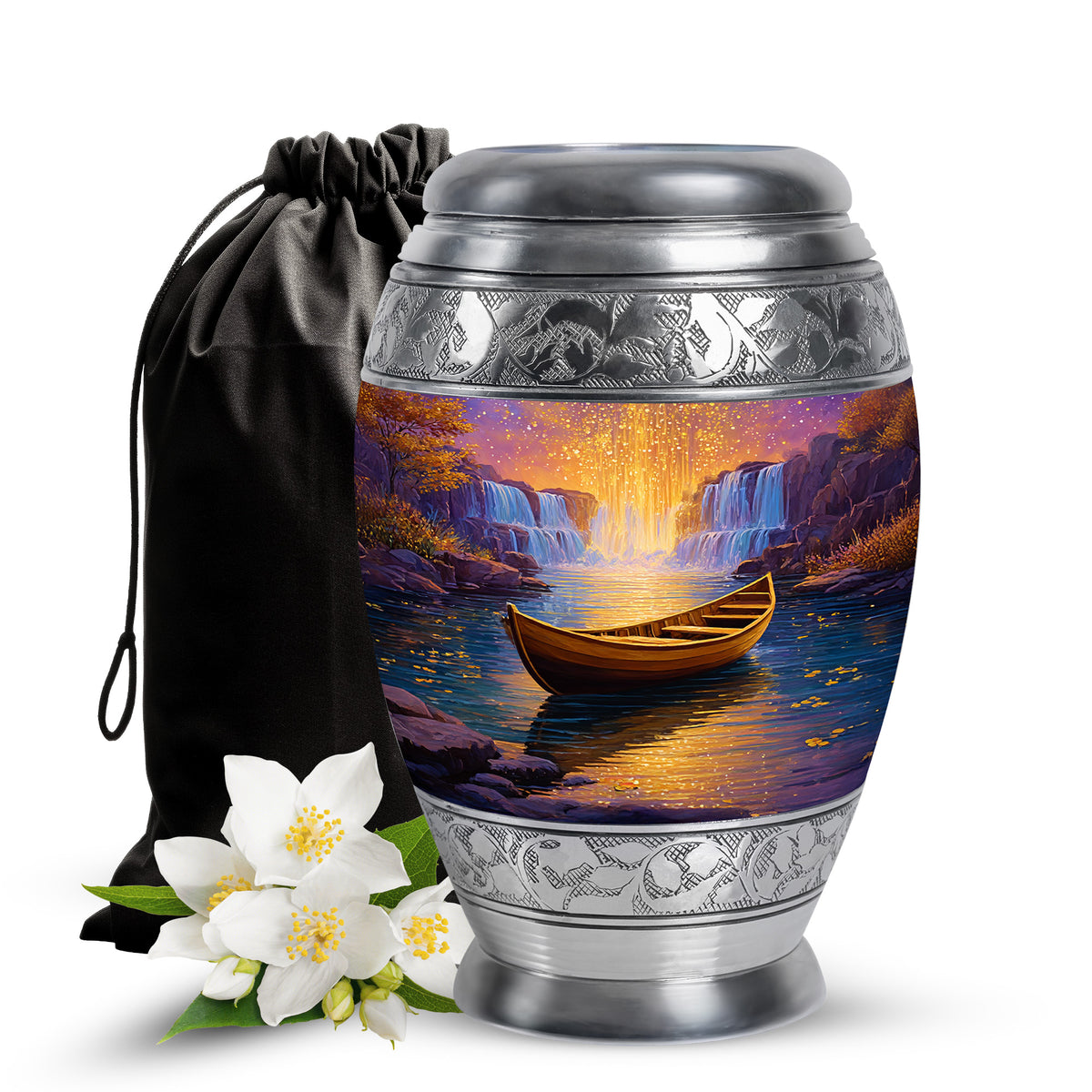 Salmon Pink Boat Cremation Urn back view with polished surface - royal boat engraving with decorative scrollwork - full-size 10 inch 200 cubic inch adult cremation urn