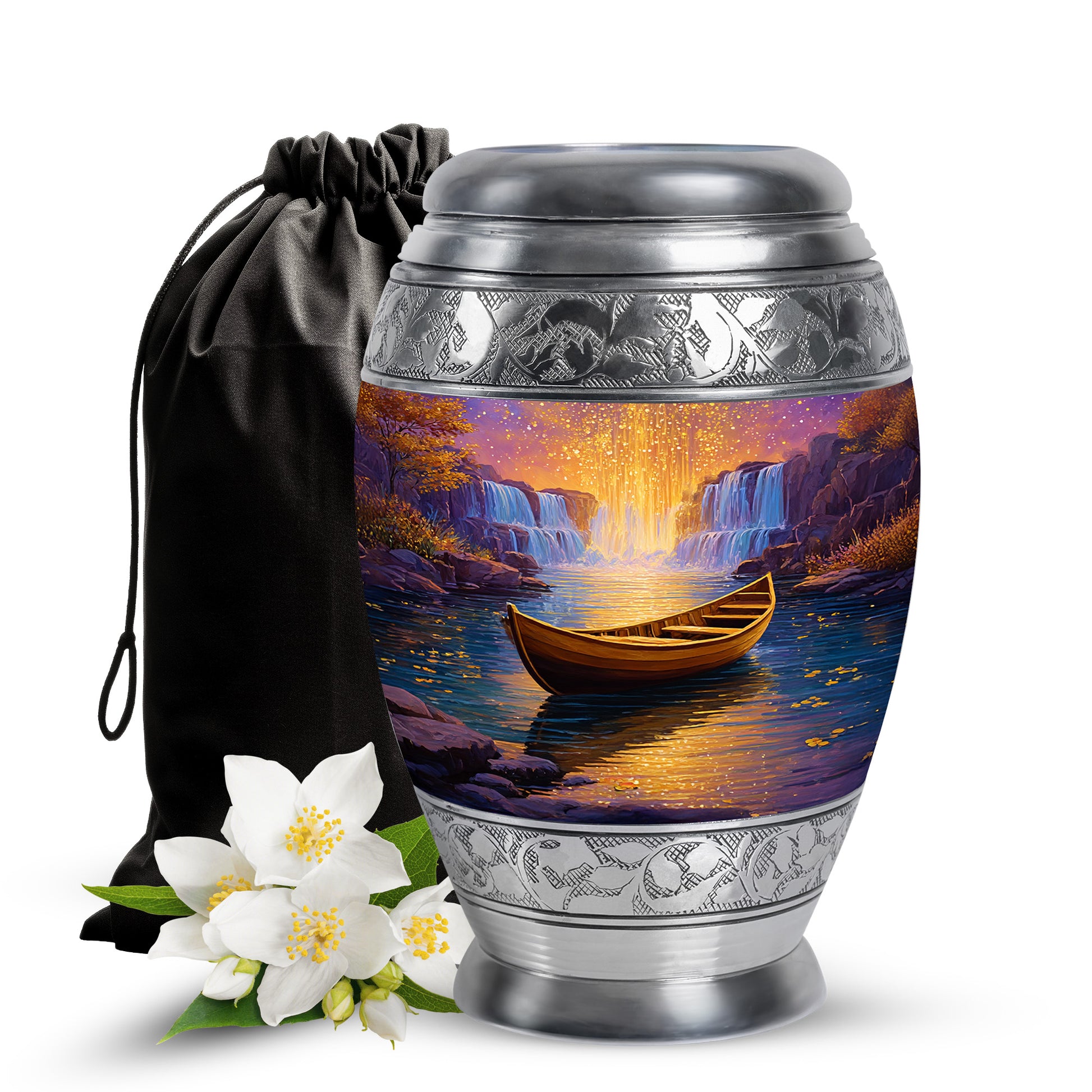 Salmon Pink Boat Cremation Urn back view with polished surface - royal boat engraving with decorative scrollwork - full-size 10 inch 200 cubic inch adult cremation urn