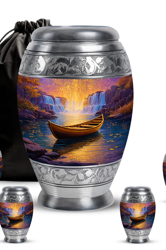 Salmon Pink Boat Cremation Urn detail view - majestic boat pattern with filigree border - memorial set with one large and four small urns