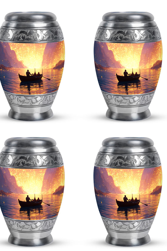 Fiery Red Boat Cremation Urn urn with complimentary velvet bag - majestic boat pattern with filigree border - 10 inch aluminum urn for cremated remains