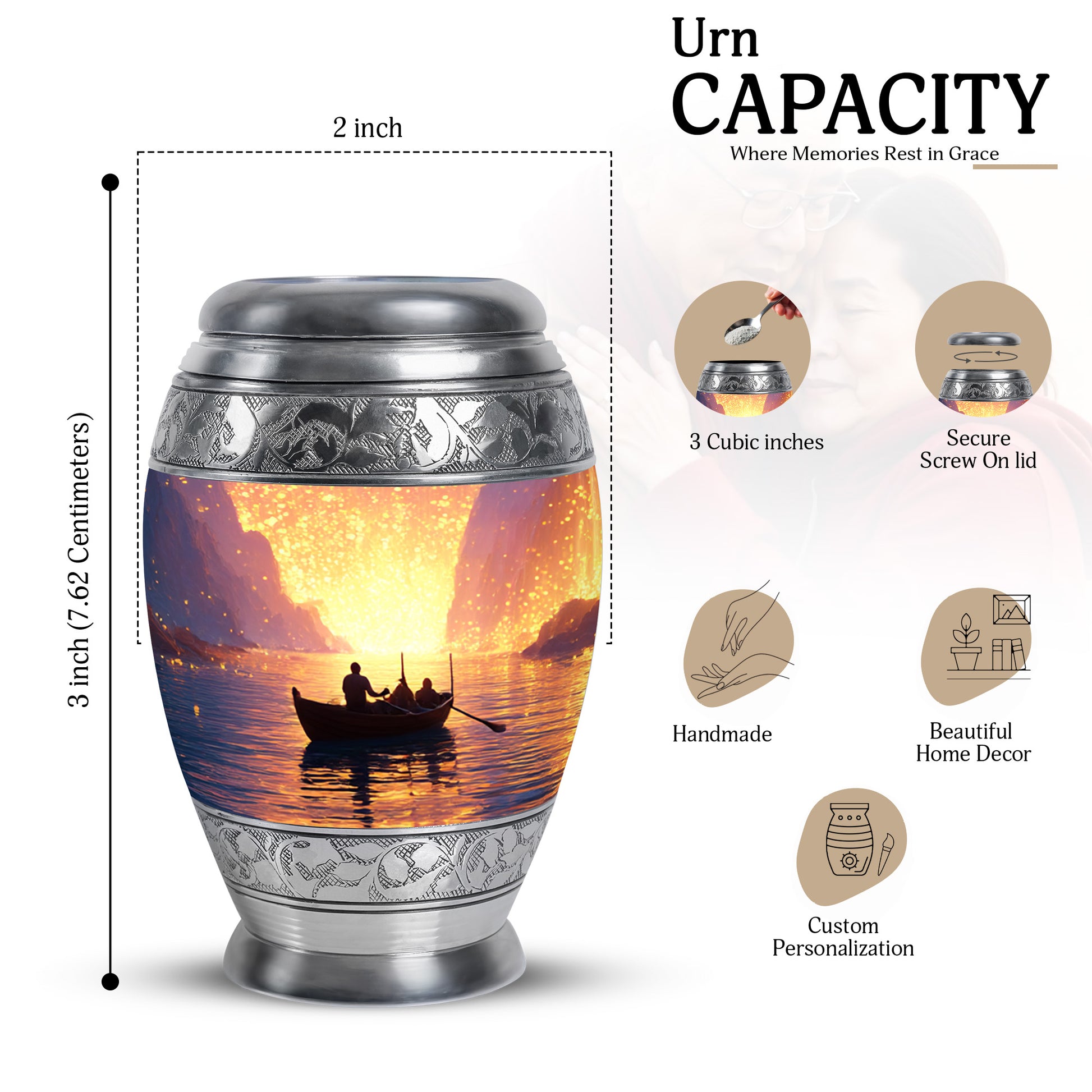 Burgundy Red Boat Cremation Urn lifestyle display on memorial shelf - ornate monarch-style boat relief on brushed aluminum - mini keepsake memorial for portion of cremation ashes