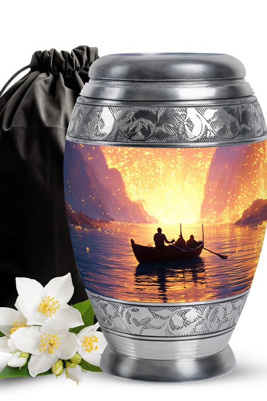 Crimson Red Boat Cremation Urn back view with polished surface - ornate monarch-style boat relief on brushed aluminum - full-size 10 inch 200 cubic inch adult cremation urn