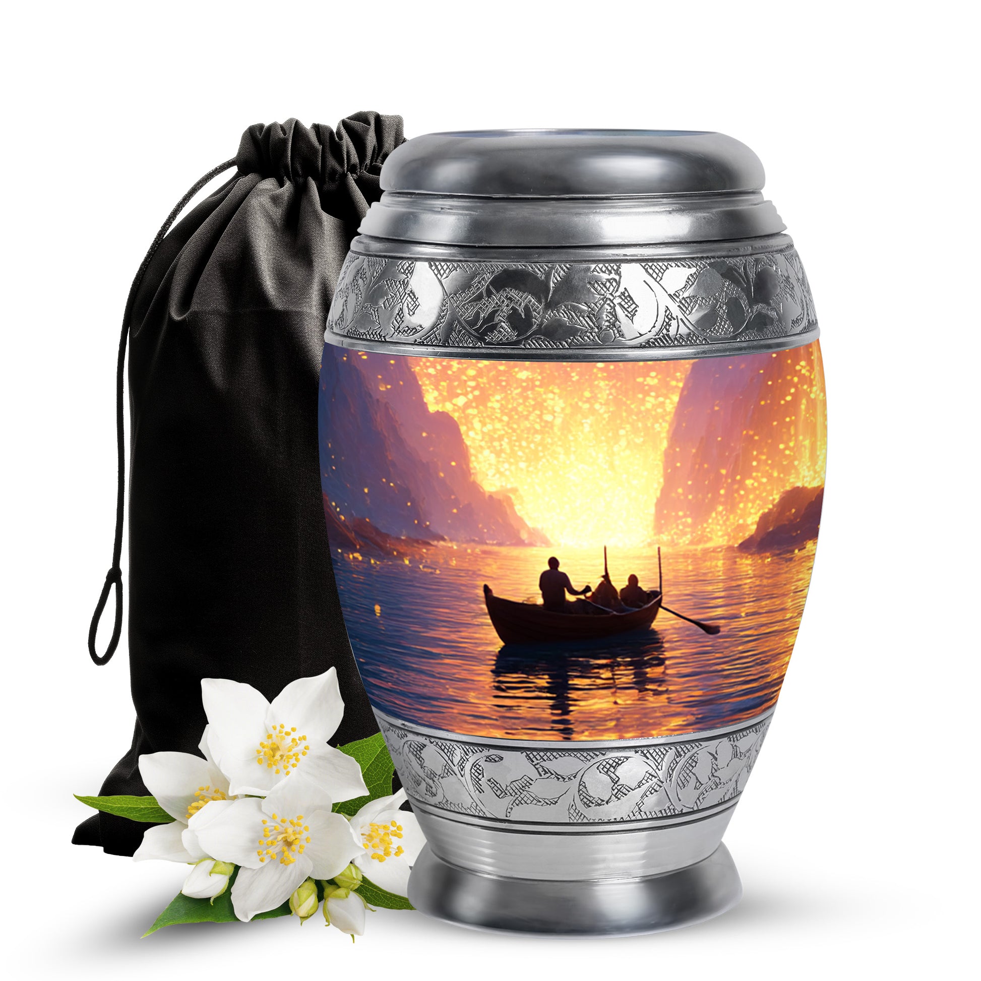 Crimson Red Boat Cremation Urn back view with polished surface - ornate monarch-style boat relief on brushed aluminum - full-size 10 inch 200 cubic inch adult cremation urn