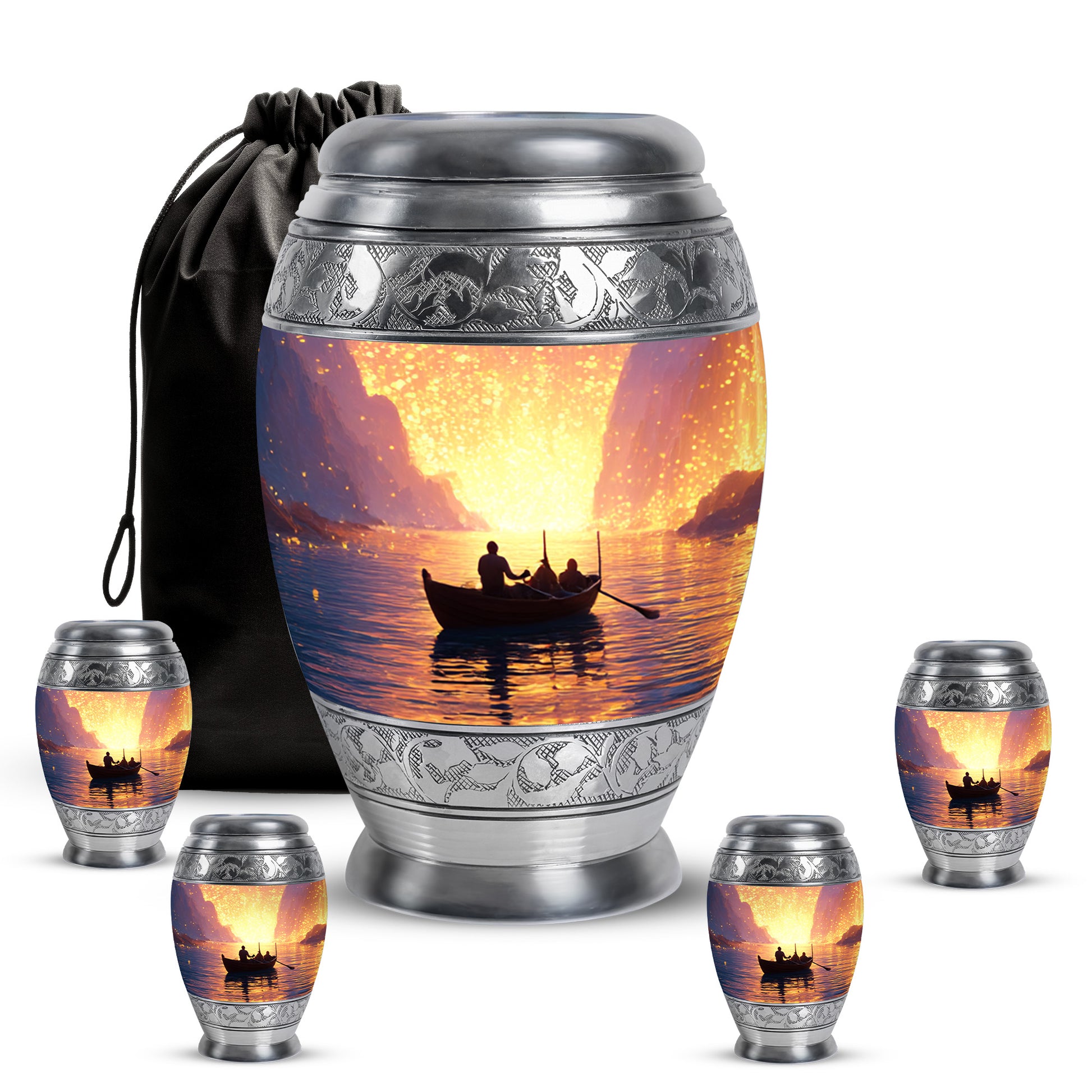 Garnet Red Boat Cremation Urn detail view - ornate monarch-style boat relief on brushed aluminum - memorial set with one large and four small urns