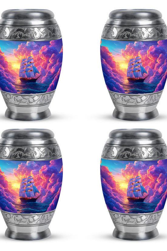 Orchid Purple Boat Cremation Urn urn with complimentary velvet bag - regal boat design with crown-inspired accents - 10 inch aluminum urn for cremated remains