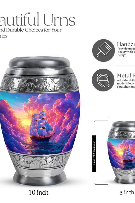 Royal Purple Boat Cremation Urn lifestyle display on memorial shelf - royal boat engraving with decorative scrollwork - mini keepsake memorial for portion of cremation ashes