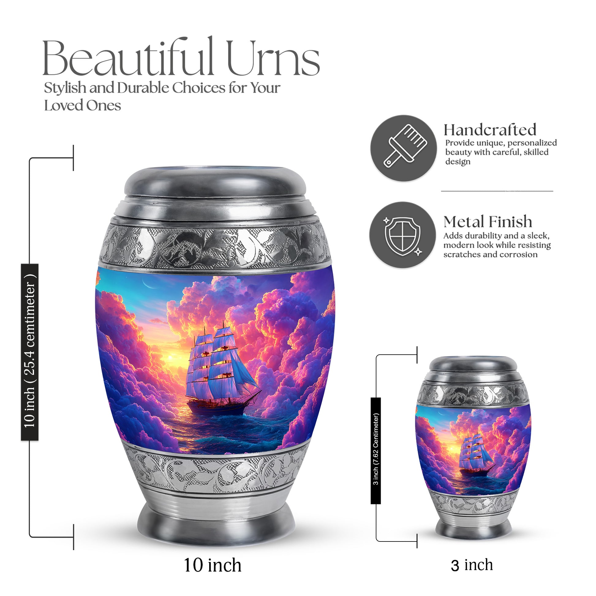 Royal Purple Boat Cremation Urn lifestyle display on memorial shelf - royal boat engraving with decorative scrollwork - mini keepsake memorial for portion of cremation ashes