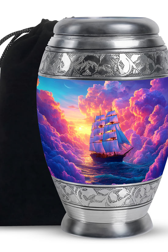 Twilight Purple Boat Cremation Urn back view with polished surface - royal boat engraving with decorative scrollwork - full-size 10 inch 200 cubic inch adult cremation urn