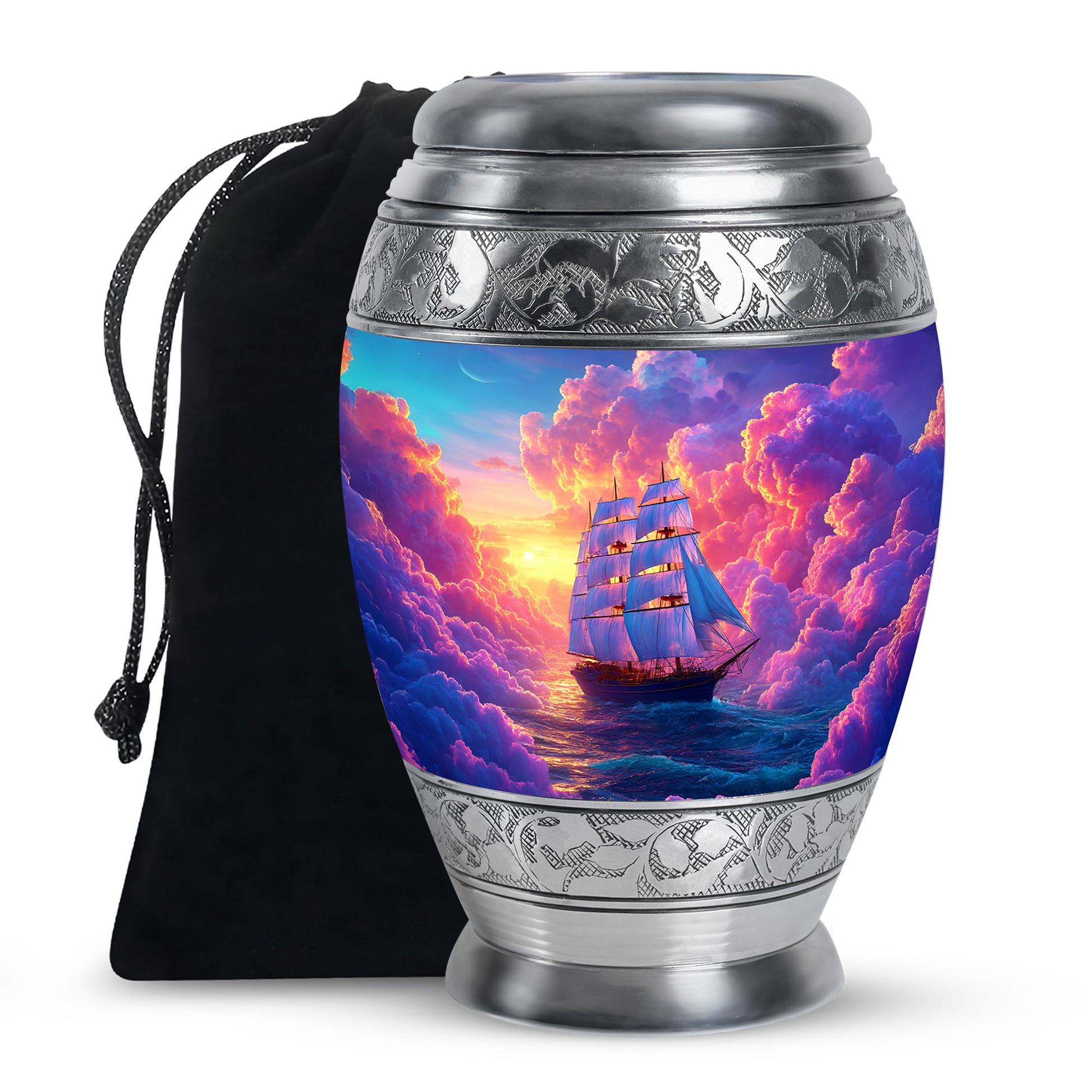 Twilight Purple Boat Cremation Urn back view with polished surface - royal boat engraving with decorative scrollwork - full-size 10 inch 200 cubic inch adult cremation urn