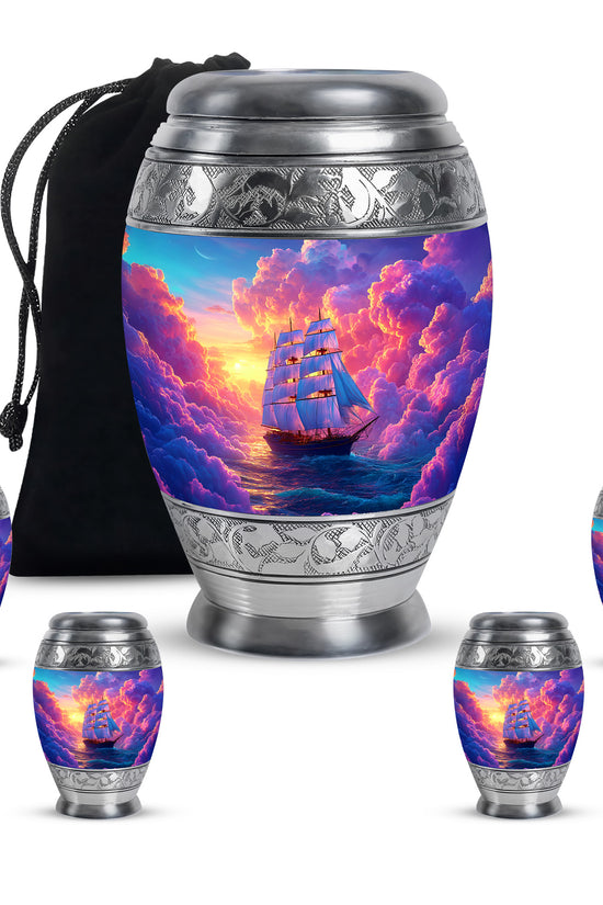 Plum Purple Boat Cremation Urn detail view - regal boat design with crown-inspired accents - memorial set with one large and four small urns