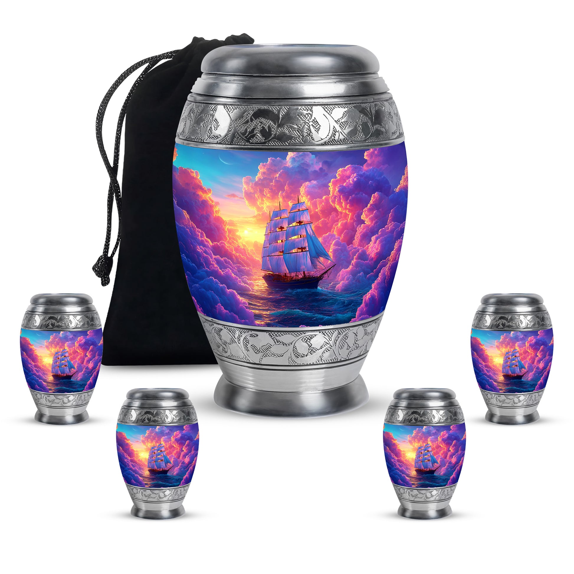 Plum Purple Boat Cremation Urn detail view - regal boat design with crown-inspired accents - memorial set with one large and four small urns