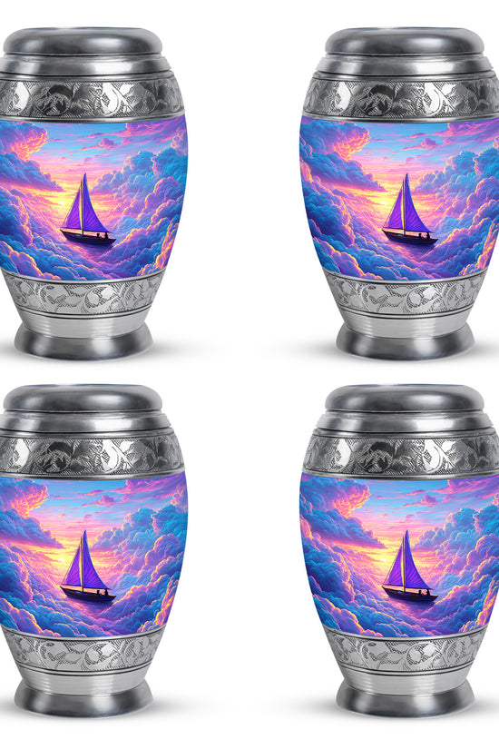 Misty Blue Boat Cremation Urn urn with complimentary velvet bag - regal boat design with crown-inspired accents - 10 inch aluminum urn for cremated remains