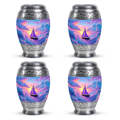 Misty Blue Boat Cremation Urn urn with complimentary velvet bag - regal boat design with crown-inspired accents - 10 inch aluminum urn for cremated remains