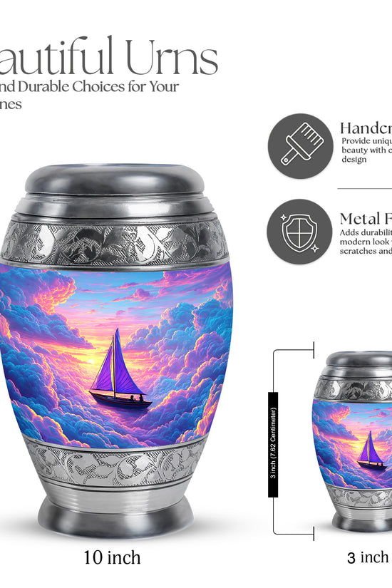 Powder Blue Boat Cremation Urn lifestyle display on memorial shelf - regal boat design with crown-inspired accents - mini keepsake memorial for portion of cremation ashes