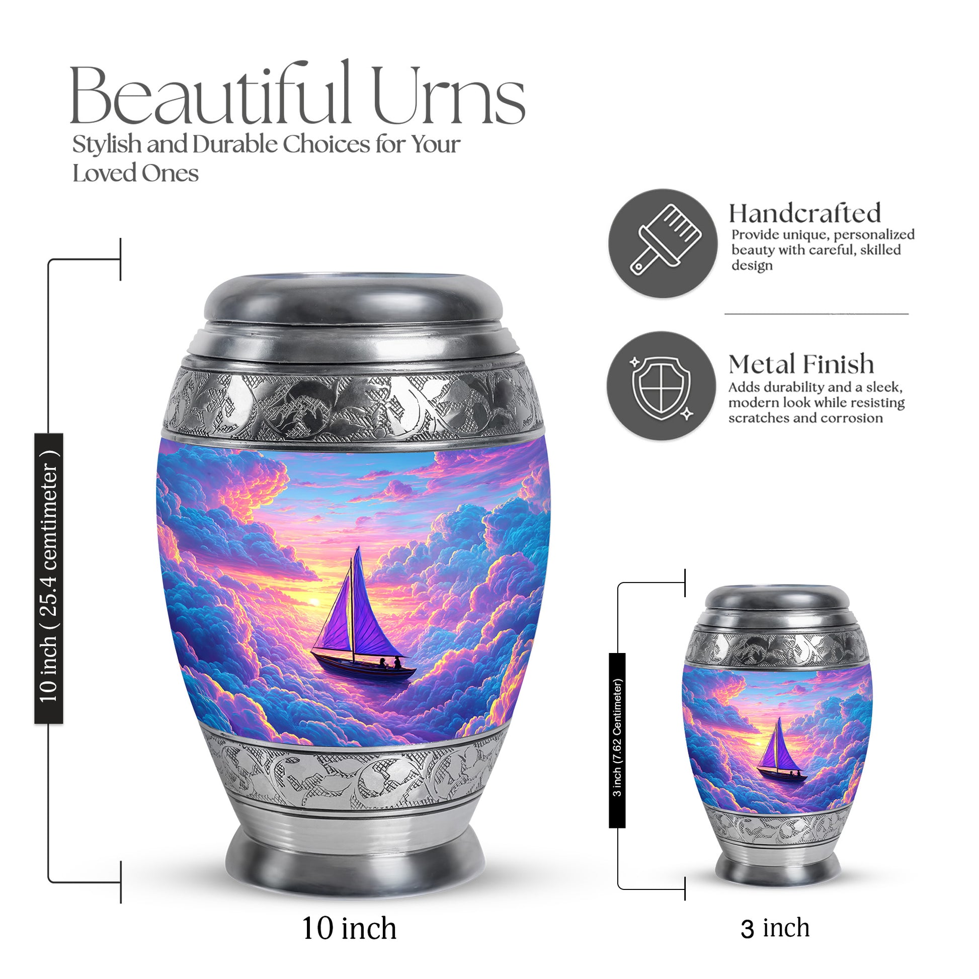 Powder Blue Boat Cremation Urn lifestyle display on memorial shelf - regal boat design with crown-inspired accents - mini keepsake memorial for portion of cremation ashes