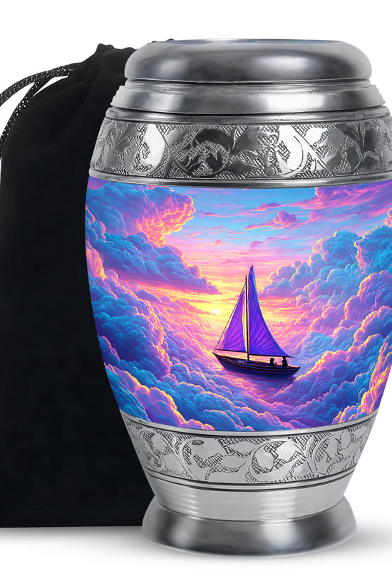 Azure Boat Cremation Urn back view with polished surface - regal boat design with crown-inspired accents - full-size 10 inch 200 cubic inch adult cremation urn