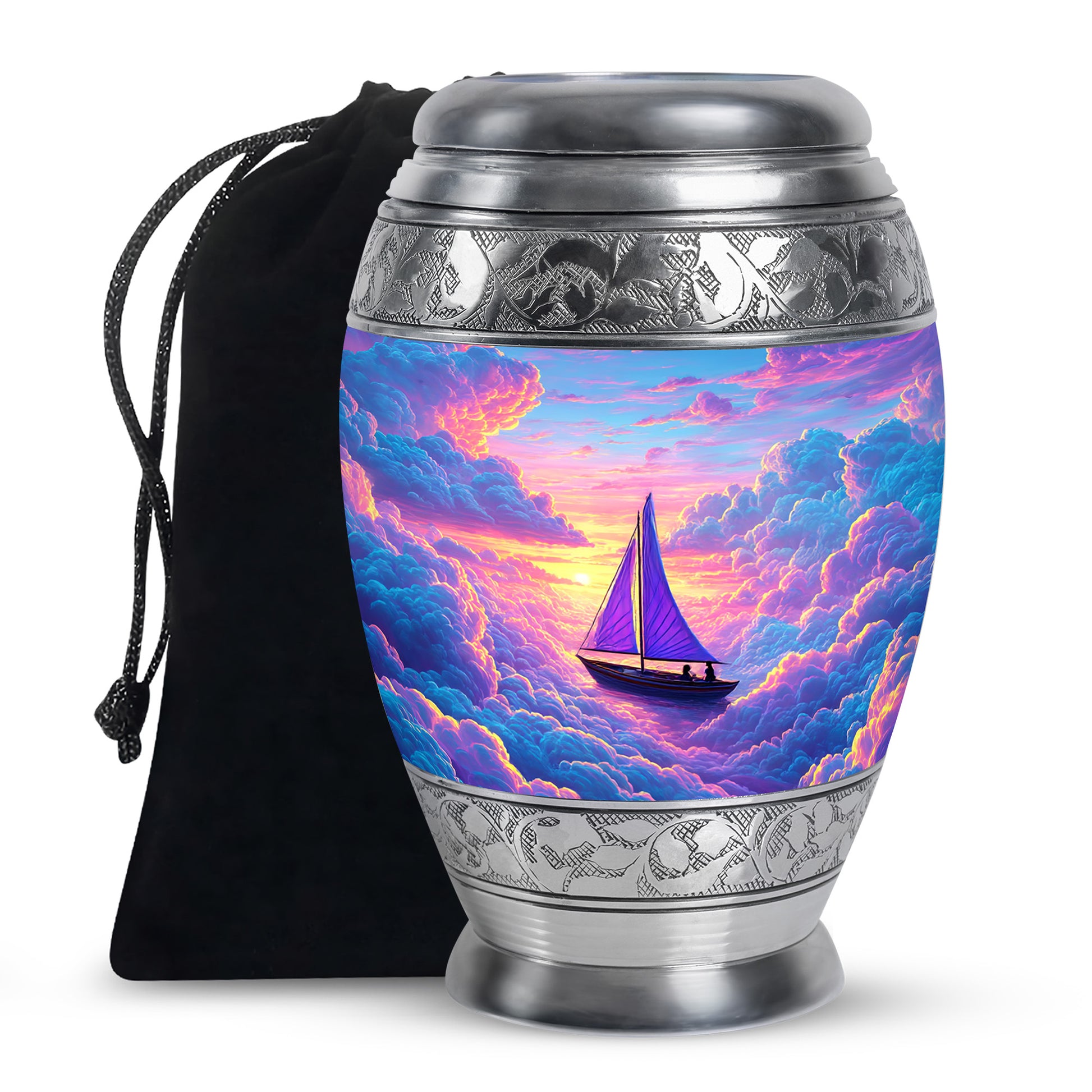 Azure Boat Cremation Urn back view with polished surface - regal boat design with crown-inspired accents - full-size 10 inch 200 cubic inch adult cremation urn
