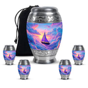 Serene Blue Boat Cremation Urn detail view - majestic boat pattern with filigree border - memorial set with one large and four small urns