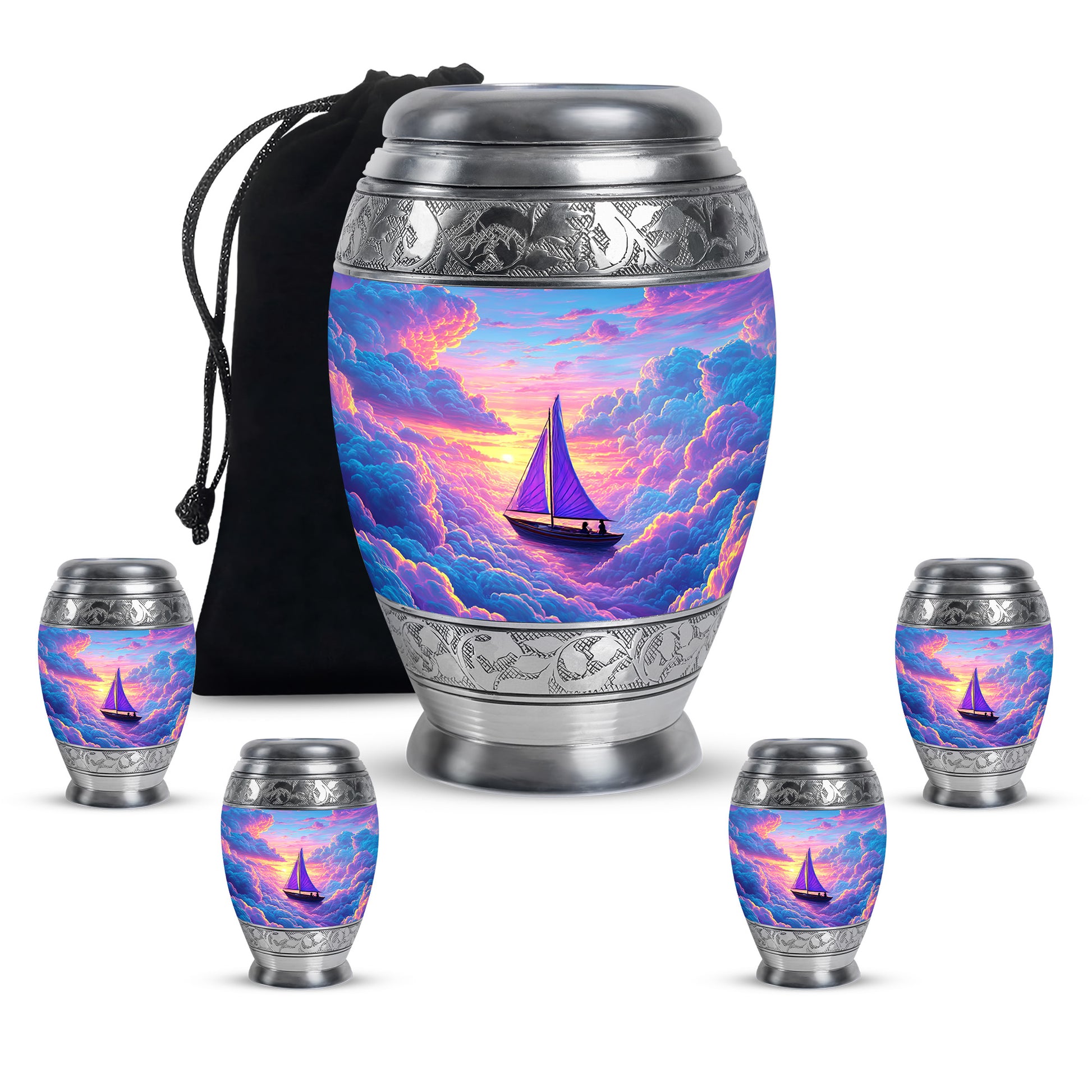Serene Blue Boat Cremation Urn detail view - majestic boat pattern with filigree border - memorial set with one large and four small urns