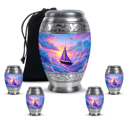 Serene Blue Boat Cremation Urn detail view - majestic boat pattern with filigree border - memorial set with one large and four small urns