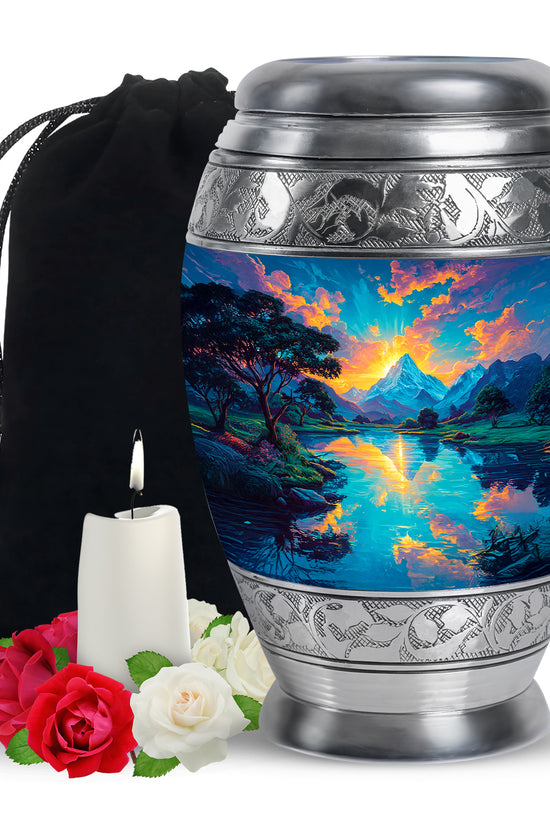 Sunset Mountain Lake Cremation Urn - Peaceful Nature Funeral Urn For Adult Ashes