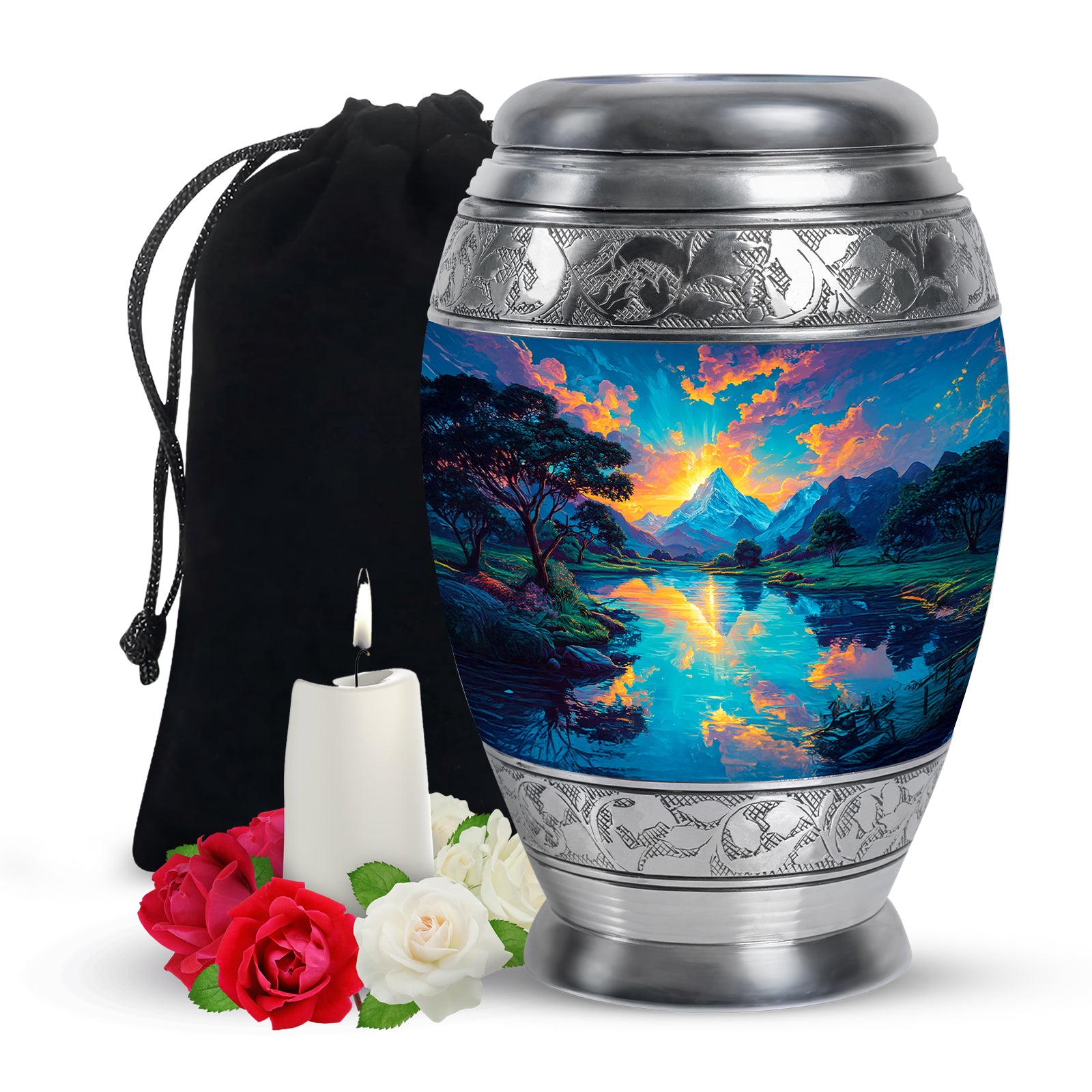 Sunset Mountain Lake Cremation Urn - Peaceful Nature Funeral Urn For Adult Ashes