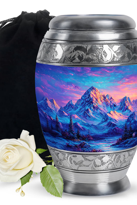 Snow Mountain Landscape Urn - Beautiful Sunset Memorial Urn For Human Ashes