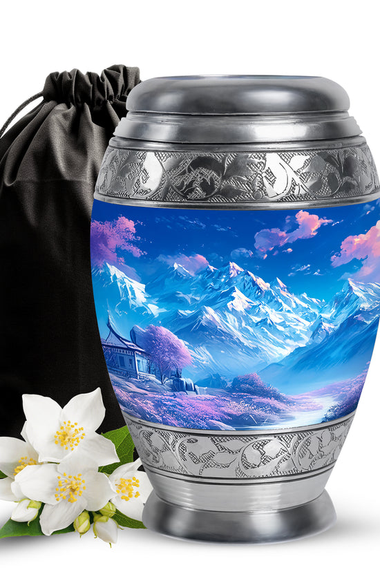 Beautiful Snow Mountain Funeral Urn For Ashes - Blue Large Memorial Urn For Ashes