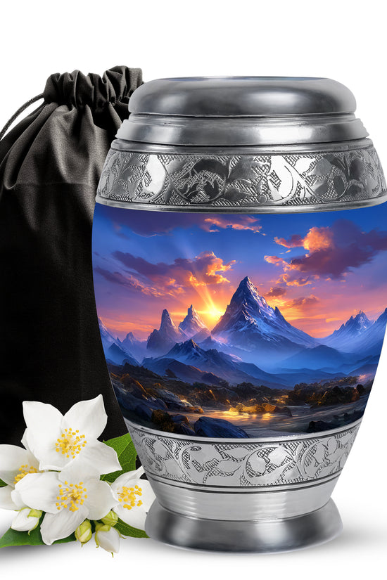 Beautiful Sunset Mountain Cremation Urn - Serene Aluminium Funeral Urn For Adult Ashes