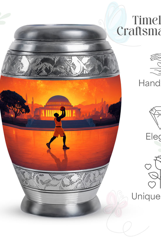 Fiery Red Basketball Cremation Urn lifestyle display on memorial shelf - royal basketball engraving with decorative scrollwork - mini keepsake memorial for portion of cremation ashes