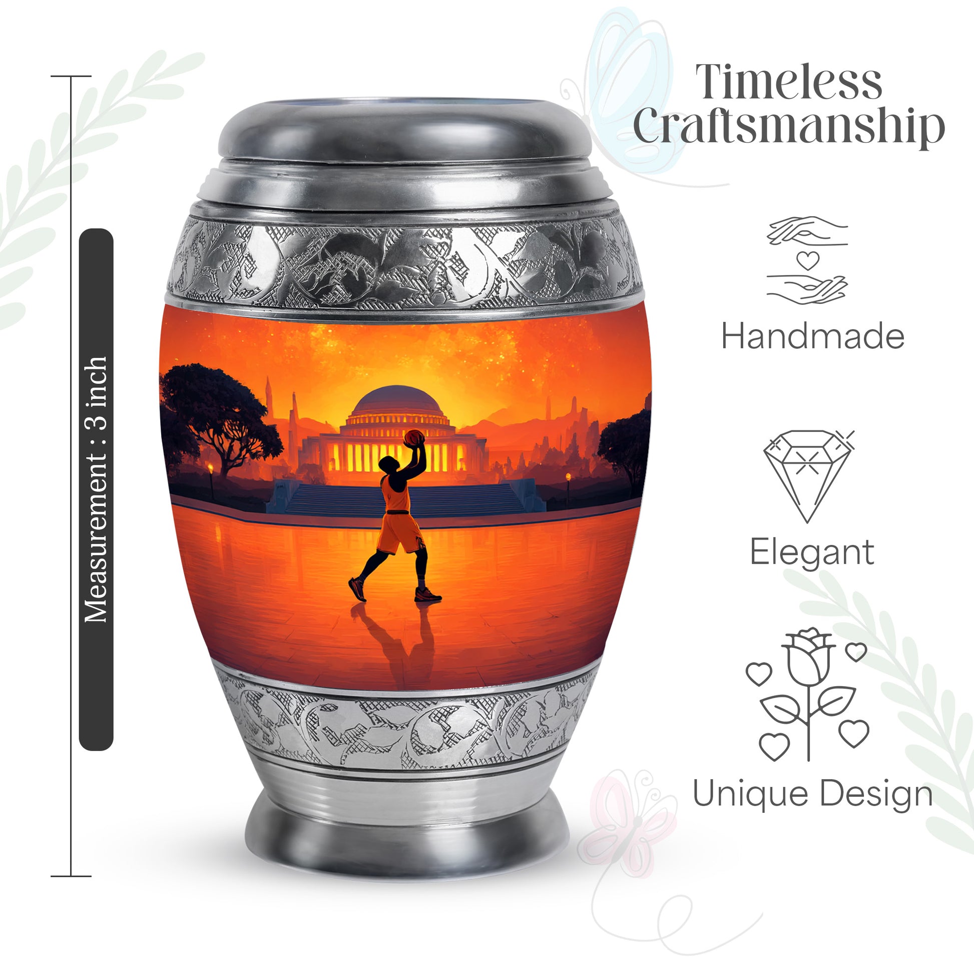 Fiery Red Basketball Cremation Urn lifestyle display on memorial shelf - royal basketball engraving with decorative scrollwork - mini keepsake memorial for portion of cremation ashes