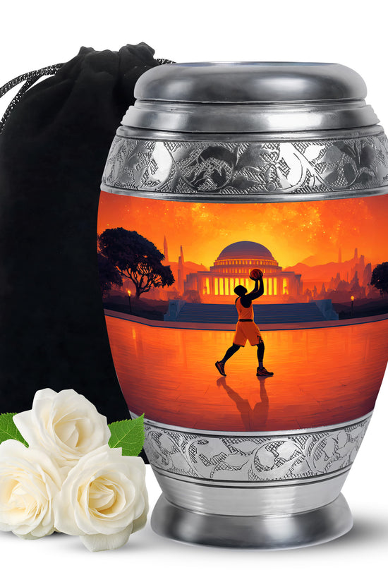 Scarlet Red Basketball Cremation Urn back view with polished surface - royal basketball engraving with decorative scrollwork - full-size 10 inch 200 cubic inch adult cremation urn