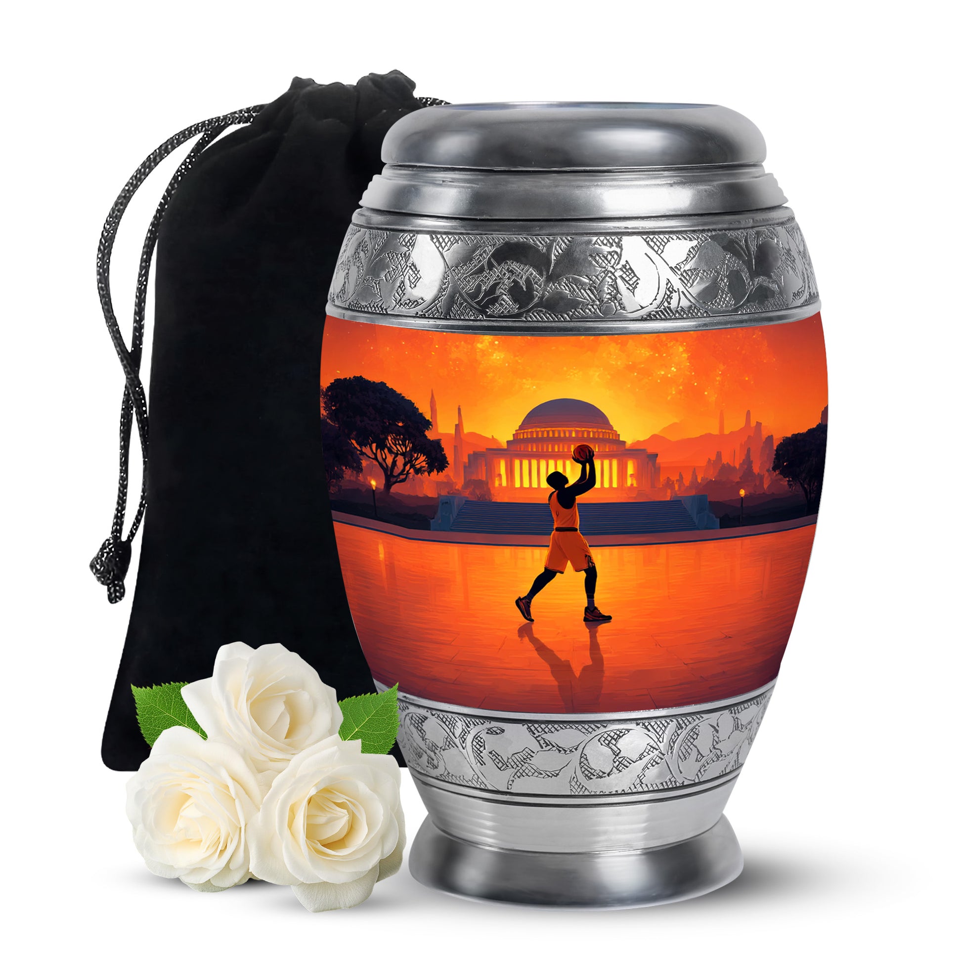 Scarlet Red Basketball Cremation Urn back view with polished surface - royal basketball engraving with decorative scrollwork - full-size 10 inch 200 cubic inch adult cremation urn