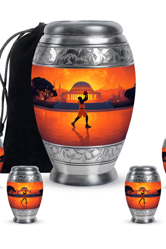 Burgundy Red Basketball Cremation Urn detail view - regal basketball design with crown-inspired accents - memorial set with one large and four small urns