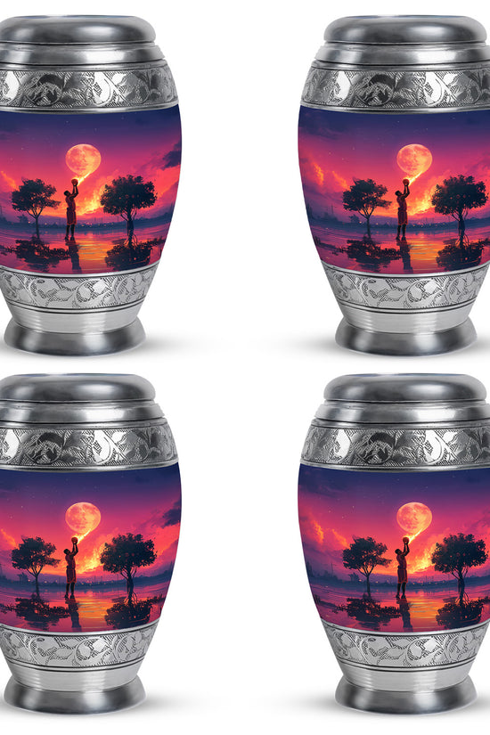 Cobalt Blue Basketball Cremation Urn urn with complimentary velvet bag - majestic basketball pattern with filigree border - 10 inch aluminum urn for cremated remains