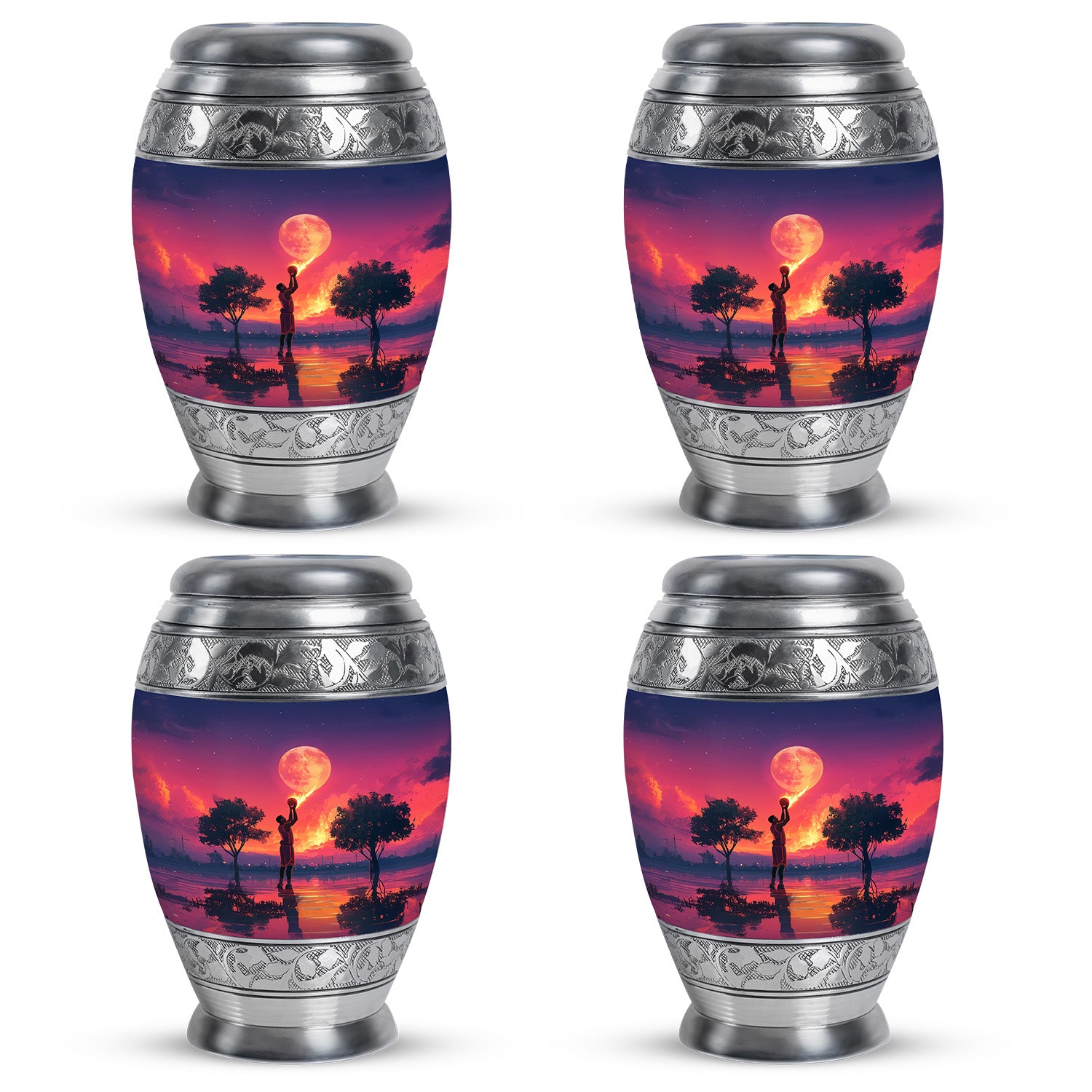 Cobalt Blue Basketball Cremation Urn urn with complimentary velvet bag - majestic basketball pattern with filigree border - 10 inch aluminum urn for cremated remains