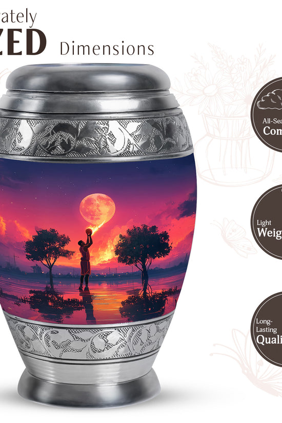 Twilight Blue Basketball Cremation Urn lifestyle display on memorial shelf - majestic basketball pattern with filigree border - mini keepsake memorial for portion of cremation ashes