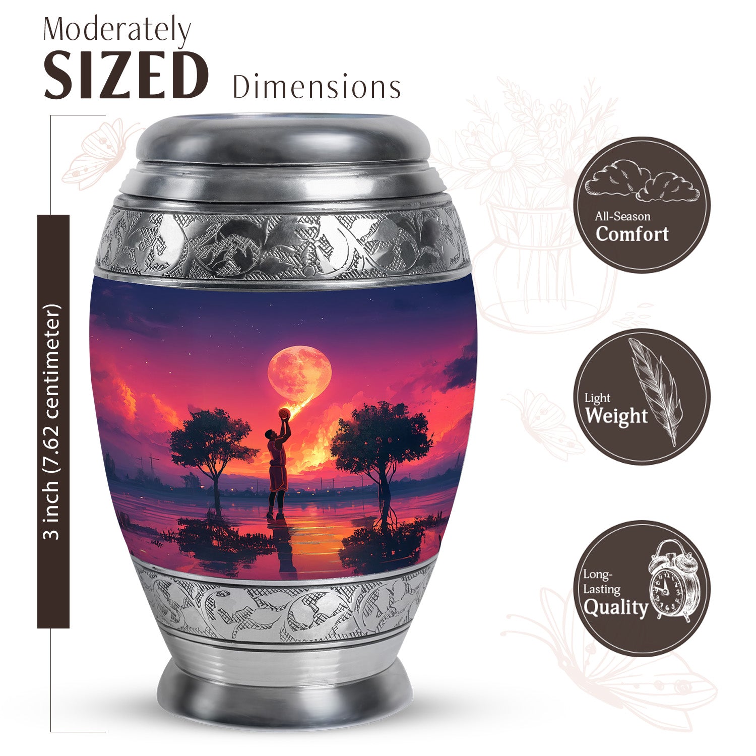 Twilight Blue Basketball Cremation Urn lifestyle display on memorial shelf - majestic basketball pattern with filigree border - mini keepsake memorial for portion of cremation ashes